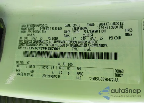 2015 Ford F-150 Xlt из США, поврежденный, VIN 1FTEW1CF7FKE87561